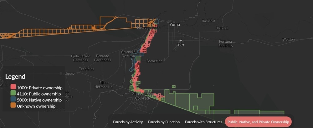 A map of land ownership across the US-Mexico border.