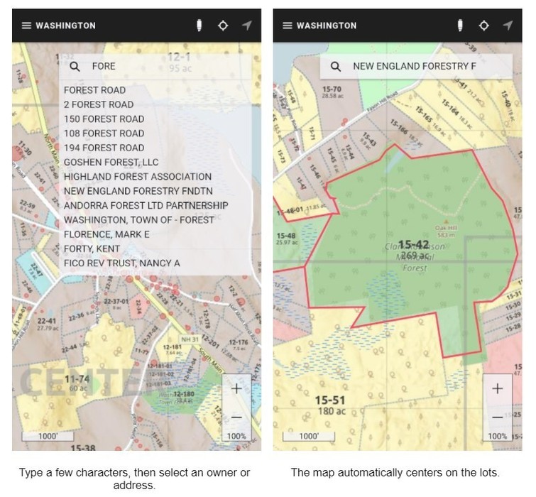 Type a few characters, then select an owner or address. The map automatically centers on the lots.