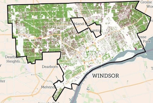 A map outlining Wayne County, MI