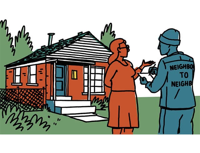 Neighbor to Neighbor illustration of a surveyor talking to a homeowner