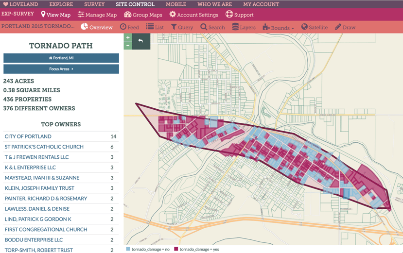 Tornado path survey information