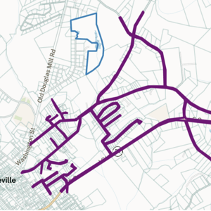 An example of a ROW parcel shown on the Regrid platform; spiderweb ROW in Abbeville, SC