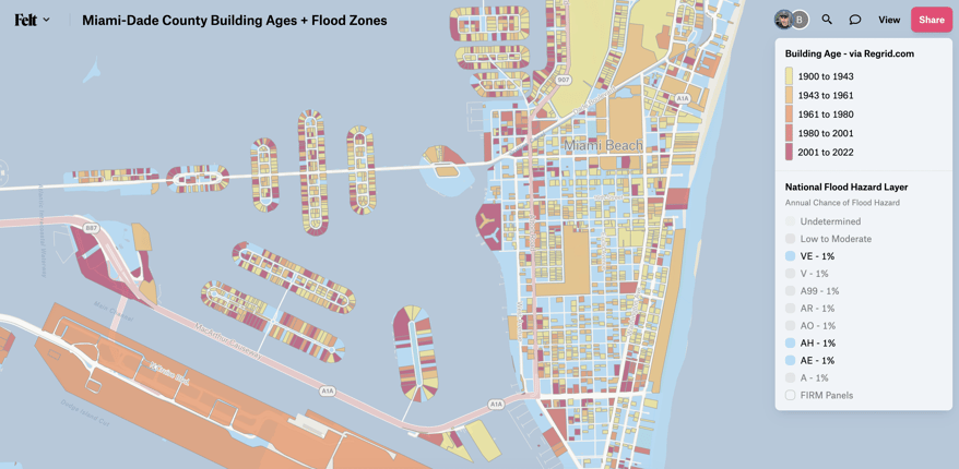 Regrid.com parcels showing Miami-Dade County building age in Felt